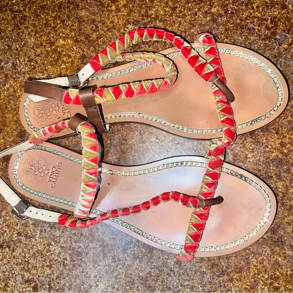 Red and Gold Striped Thong Sandals - Picture 2 of 3